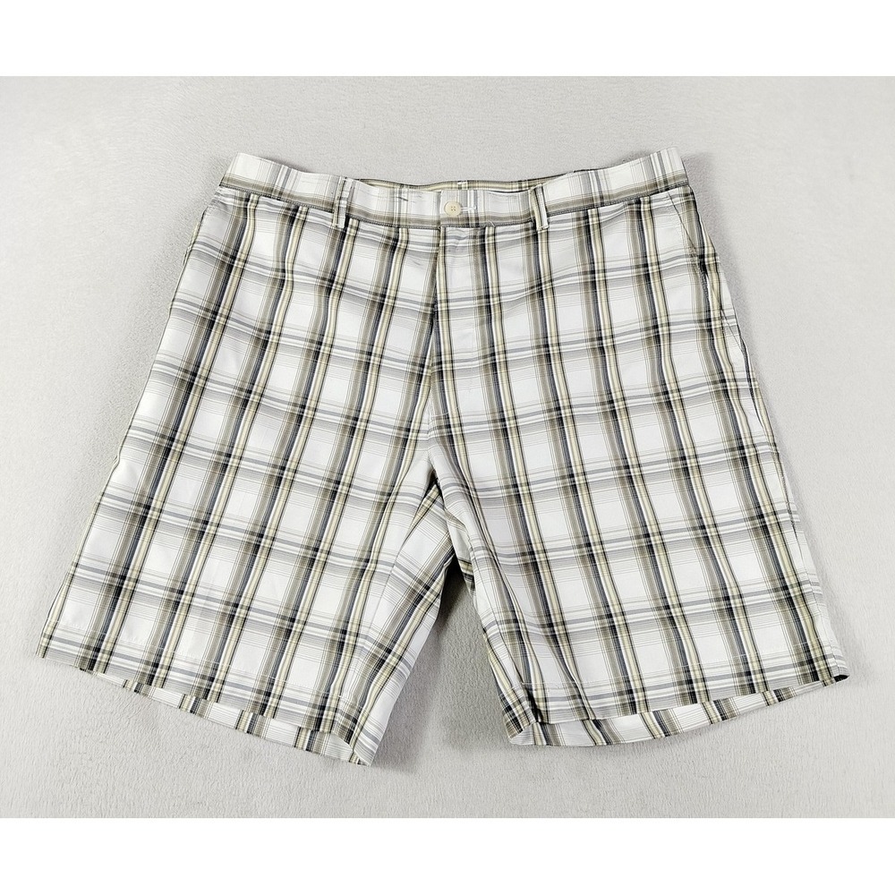 Alan Flusser Shorts Mens 36 White‎ Plaid Microfiber Chino Flat Front Casual Golf